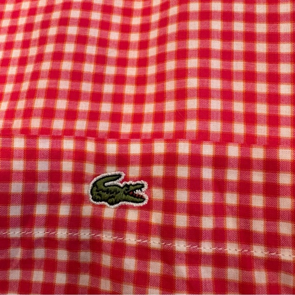 Lacoste Men’s  Button Down Shirt Red/white Check Short Sleeves Logo Sz 42 Large - Picture 5 of 11